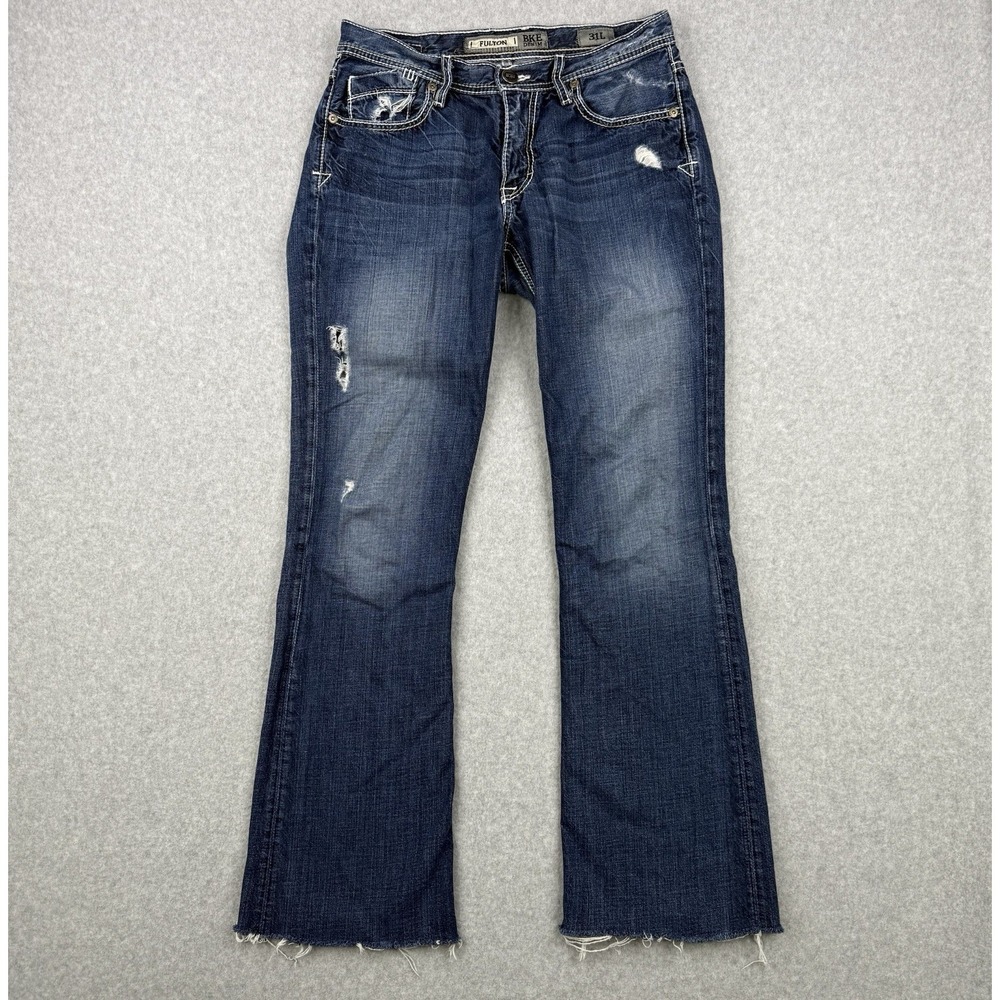 BKE Jeans Mens 31x31 Blue Fulton Bootcut Low Rise Western Distressed‎ Denim